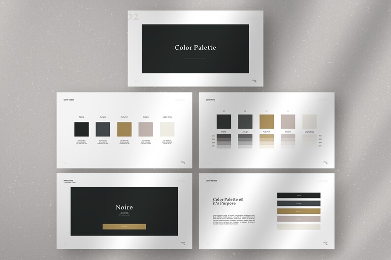May include: A color palette guide with four pages. The first page has the title "Color Palette" in white text on a black background. The second page shows five color swatches with the names "Black", "Jungle", "Rustic", "Cream", and "Light Grey". The third page shows a color gradient for each of the five colors. The fourth page has the title "Color Palette and It's Purpose" in black text on a white background. The page also shows a color gradient for each of the five colors.