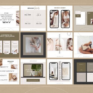 May include: A collection of Instagram post templates for branding and design. The templates feature a minimalist aesthetic with a neutral color palette of beige, brown, and white. The text includes phrases like "Brand Typography", "3 Steps to Great Branding", "Brand Inspiration", and "How to Find Your Brand Voice".