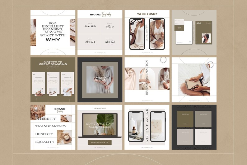 May include: A collection of Instagram post templates for branding and design. The templates feature a minimalist aesthetic with a neutral color palette of beige, brown, and white. The text includes phrases like "Brand Typography", "3 Steps to Great Branding", "Brand Inspiration", and "How to Find Your Brand Voice".