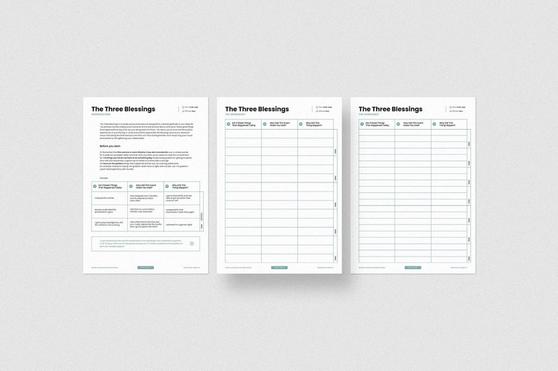 May include: Three printable worksheets titled "The Three Blessings" with a grid layout for tracking daily blessings. Each worksheet has three columns labeled "Got It First Thing", "Received Throughout the Day", and "Feeling Grateful For".