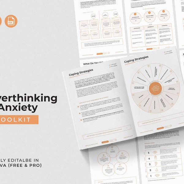 Toolkit per il pensiero eccessivo e l'ansia / Strumenti ed esercizi di coaching modificabili / File PDF di coaching interattivi / Strumenti per la terapia