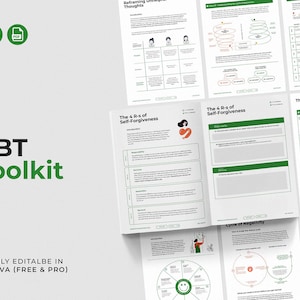 Puede incluir: Un kit de herramientas CBT verde y blanco con el texto "CBT Toolkit" y "Easily Editable in Canva (Free & Pro)". El kit incluye hojas de trabajo y diagramas sobre temas como la reformulación de pensamientos, las 4 R de la auto-perdon, el ciclo de la negatividad y las escaleras del progreso.
