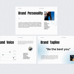 Puede incluir: Presentaci&oacute;n de tres paneles sobre un fondo claro. El primer panel dice "Brand Personality" con una imagen de una persona. El segundo panel es "Brand Voice". El tercer panel dice "Brand Tagline" con el texto "Be the best you".