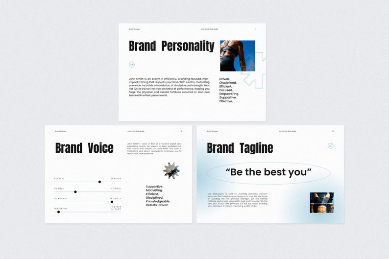 Puede incluir: Presentaci&oacute;n de tres paneles sobre un fondo claro. El primer panel dice "Brand Personality" con una imagen de una persona. El segundo panel es "Brand Voice". El tercer panel dice "Brand Tagline" con el texto "Be the best you".