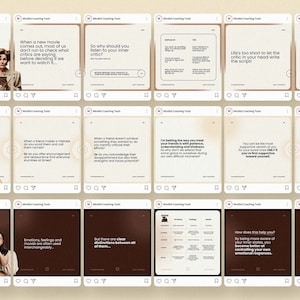 May include: A series of 12 Instagram posts with a brown background and white text. The posts offer advice on mindfulness and self-compassion. The text includes phrases like "Nobody listens to the critics", "How would you treat a friend?", "What's the difference between emotions, feelings, and moods?", and "Life's too short to let the critic in your head write the script!"
