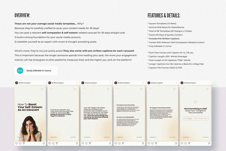 May include: A set of five social media templates designed to help boost self-esteem. The templates feature a light beige background with black text and a light gray border. The text on the templates includes the phrase "How to Boost Your Self-Esteem as an Introvert".