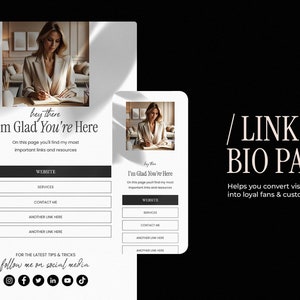 Puede incluir: Una plantilla de p&aacute;gina de enlace en biograf&iacute;a en blanco y negro con una mujer con un blazer beige sentada en un escritorio. La plantilla incluye un sitio web, servicios, contacto y otros enlaces. El texto "I'm Glad You're Here" est&aacute; en la parte superior de la p&aacute;gina. El texto "/ LINK IN BIO PAGE" est&aacute; en la parte superior de la p&aacute;gina. El texto "Helps you convert visitors into loyal fans & customers" est&aacute; en la parte inferior de la p&aacute;gina.