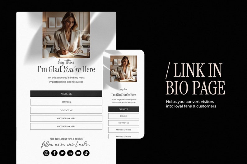 Puede incluir: Una plantilla de p&aacute;gina de enlace en biograf&iacute;a en blanco y negro con una mujer con un blazer beige sentada en un escritorio. La plantilla incluye un sitio web, servicios, contacto y otros enlaces. El texto "I'm Glad You're Here" est&aacute; en la parte superior de la p&aacute;gina. El texto "/ LINK IN BIO PAGE" est&aacute; en la parte superior de la p&aacute;gina. El texto "Helps you convert visitors into loyal fans & customers" est&aacute; en la parte inferior de la p&aacute;gina.
