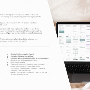 K&ouml;nnte beinhalten: Ein Laptop-Bildschirm zeigt ein digitales Produkt f&uuml;r Selbstwertgef&uuml;hl und Selbstliebe. Das Produkt umfasst 18 &Uuml;bungen, 36 Seiten und ist in Canva bearbeitbar. Der Text auf dem Bildschirm lautet "Gesamt 18 &Uuml;bungen (36 Seiten), Enth&auml;lt bearbeitbare Canva-Dateien, Enth&auml;lt eine vorgefertigte ausf&uuml;llbare PDF-Datei (mit Textfeldern usw.), In Canva bearbeitbar und neu brandbar, Vollst&auml;ndig anpassbar, (F&uuml;gen Sie Ihre eigenen Farben, Schriftarten, Inhalte, Logos usw. hinzu), Verwenden Sie die Vorlagen, um aussagekr&auml;ftige Inhalte f&uuml;r Ihre Follower zu erstellen - Kurse, Coaching-Sitzungen, Lead-Magnete usw., Perfekt f&uuml;r Coaches und Therapeuten - sowohl f&uuml;r die eigene Nutzung als auch f&uuml;r den professionellen Einsatz."