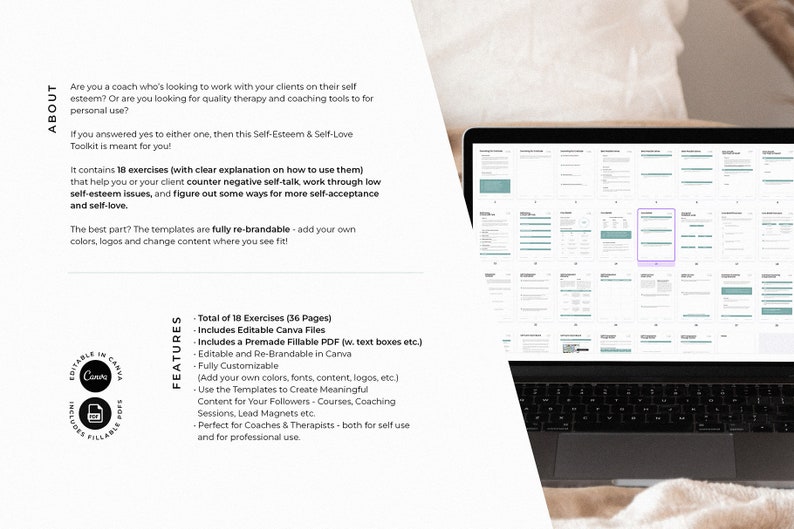 K&ouml;nnte beinhalten: Ein Laptop-Bildschirm zeigt ein digitales Produkt f&uuml;r Selbstwertgef&uuml;hl und Selbstliebe. Das Produkt umfasst 18 &Uuml;bungen, 36 Seiten und ist in Canva bearbeitbar. Der Text auf dem Bildschirm lautet "Gesamt 18 &Uuml;bungen (36 Seiten), Enth&auml;lt bearbeitbare Canva-Dateien, Enth&auml;lt eine vorgefertigte ausf&uuml;llbare PDF-Datei (mit Textfeldern usw.), In Canva bearbeitbar und neu brandbar, Vollst&auml;ndig anpassbar, (F&uuml;gen Sie Ihre eigenen Farben, Schriftarten, Inhalte, Logos usw. hinzu), Verwenden Sie die Vorlagen, um aussagekr&auml;ftige Inhalte f&uuml;r Ihre Follower zu erstellen - Kurse, Coaching-Sitzungen, Lead-Magnete usw., Perfekt f&uuml;r Coaches und Therapeuten - sowohl f&uuml;r die eigene Nutzung als auch f&uuml;r den professionellen Einsatz."