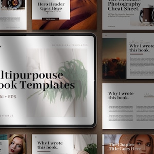 May include: A mockup of 28 multipurpose ebook templates in a modern elegant design. The templates are fully editable and come in PSD, AI, and EPS formats. The image shows a tablet displaying the templates, along with several other sample pages.