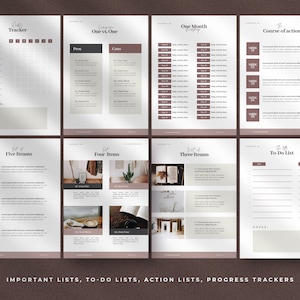 Może przedstawiać: Drukowany planer z kartami do śledzenia nawyk&oacute;w, cel&oacute;w i list rzeczy do zrobienia. Karty są zaprojektowane w minimalistycznym stylu i mają jasnobrązowe tło z białym tekstem.