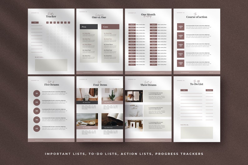 Może przedstawiać: Drukowany planer z kartami do śledzenia nawyk&oacute;w, cel&oacute;w i list rzeczy do zrobienia. Karty są zaprojektowane w minimalistycznym stylu i mają jasnobrązowe tło z białym tekstem.