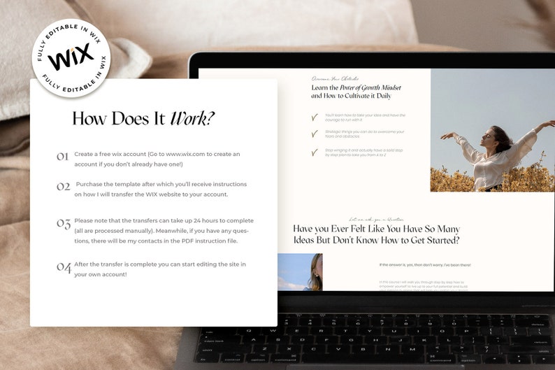 Puede incluir: Una computadora port&aacute;til que muestra una plantilla de sitio web con instrucciones sobre c&oacute;mo crear una cuenta de Wix y editar el sitio. La pantalla tambi&eacute;n muestra el texto "Learn the Power of Growth Mindset and How to Cultivate it Daily."