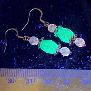 Vintage Czech UV glass Pink selenium and Blue manganese drop earrings
