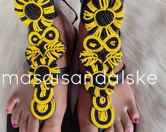 Sandalias de cuero con cuentas Masai hechas a mano, calzado tribal africano estilo boho.