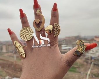 5 African Brass Adjustable Rings: Boho Star Rings Set