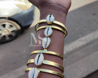 Cowrie Shell Brass Bracelets, African Jewelry Set of 4