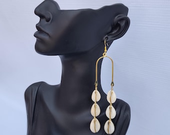 TENTMENTISE Boucles D'oreilles Pendantes Coquillage Cauris Triple Couche - Bijoux De Plage Bohème Dorés