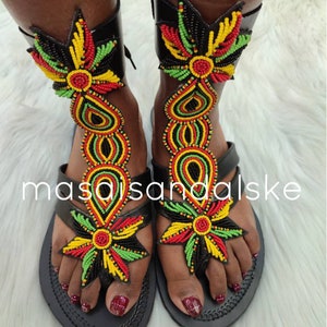 Rastefarian Beaded sandals , maasai sandals , Rasta colours sandals , African sandals , Gladiator sandals , summer sandals Women Sandals