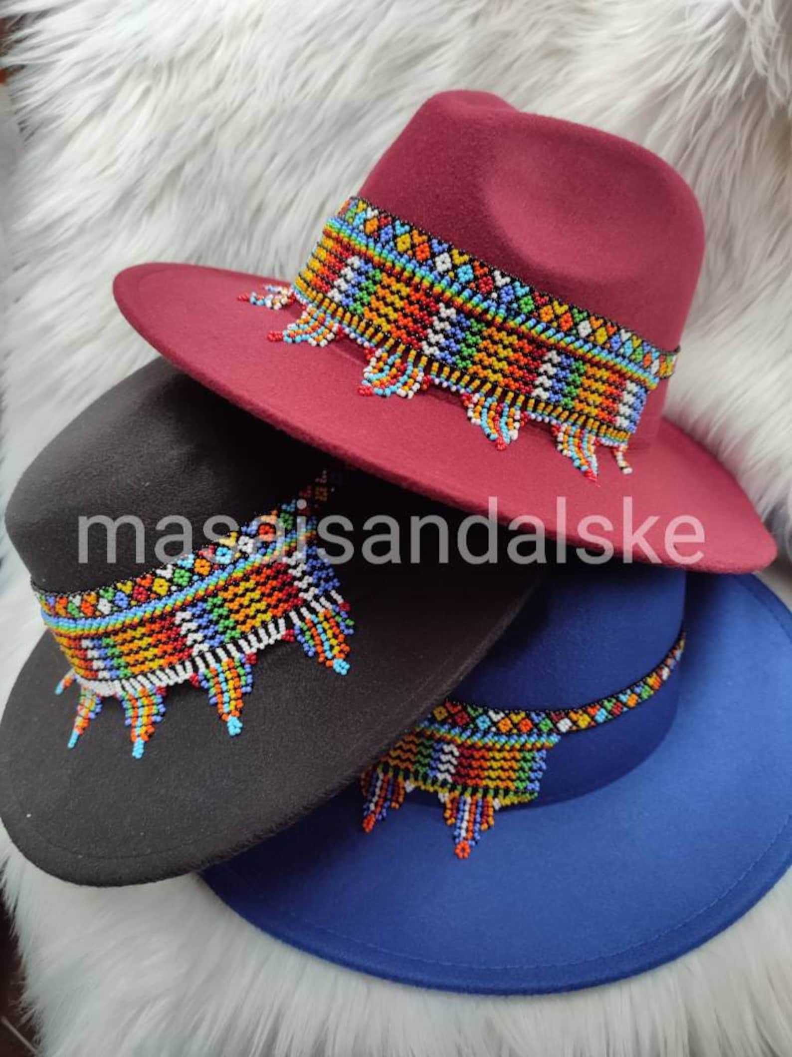 Red Fedora Hat with Upper & Lower Multicolored Beading main image 0