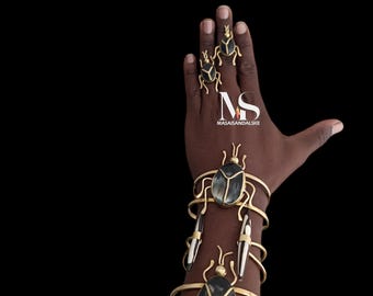Adjustable African Brass Beetle Bracelet: Unisex Jewelry