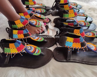Sandalias Maasai, sandalias multicolor, sandalias gladiadoras africanas, sandalias de cuero con cuentas, sandalias gladiadoras de cuero, cuero genuino
