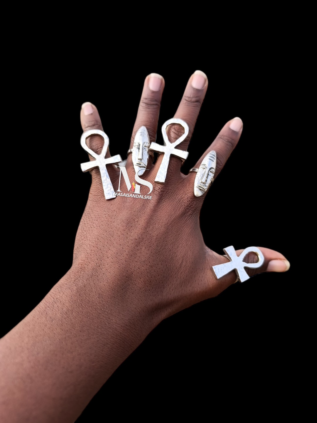 5 African Silver Adjustable Rings: Handmade Ankh & Face Jewelry - Etsy
