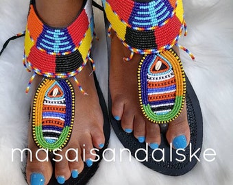 Handgjorda Maasai-gladiatorsandaler i läder med pärlor