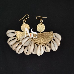 Cowrie shell earrings , Brass and she&#39;ll earrings , dangle earrings , African brass earrings , shell earrings , Christmas gift , cowry shell
