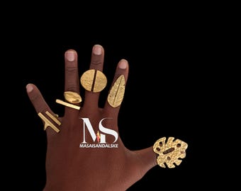 Adjustable Brass Rings, African Statement Jewelry, Set of 5