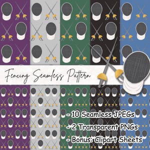 May include: A digital collection of fencing seamless patterns featuring illustrations of fencing masks and crossed foils in various colors including purple, gray, green, black, and blue. The text reads Fencing Seamless Pattern, 10 Seamless JPEGs, 2 Transparent PNGs, and Bonus: Clipart Sheets.