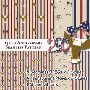 May include: A digital graphic featuring a 250th anniversary seamless pattern with bald eagles, stars and stripes bows, and the text 1776 and 2026. The design includes vertical red, white, and blue stripes, and a large 250 graphic with stars.