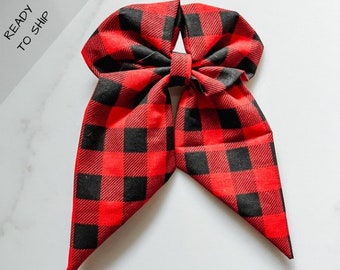 red and black plaid long tail hair bow for girls, birthday gifts for little girls, winter hair accessories for kids, cute hair clips for