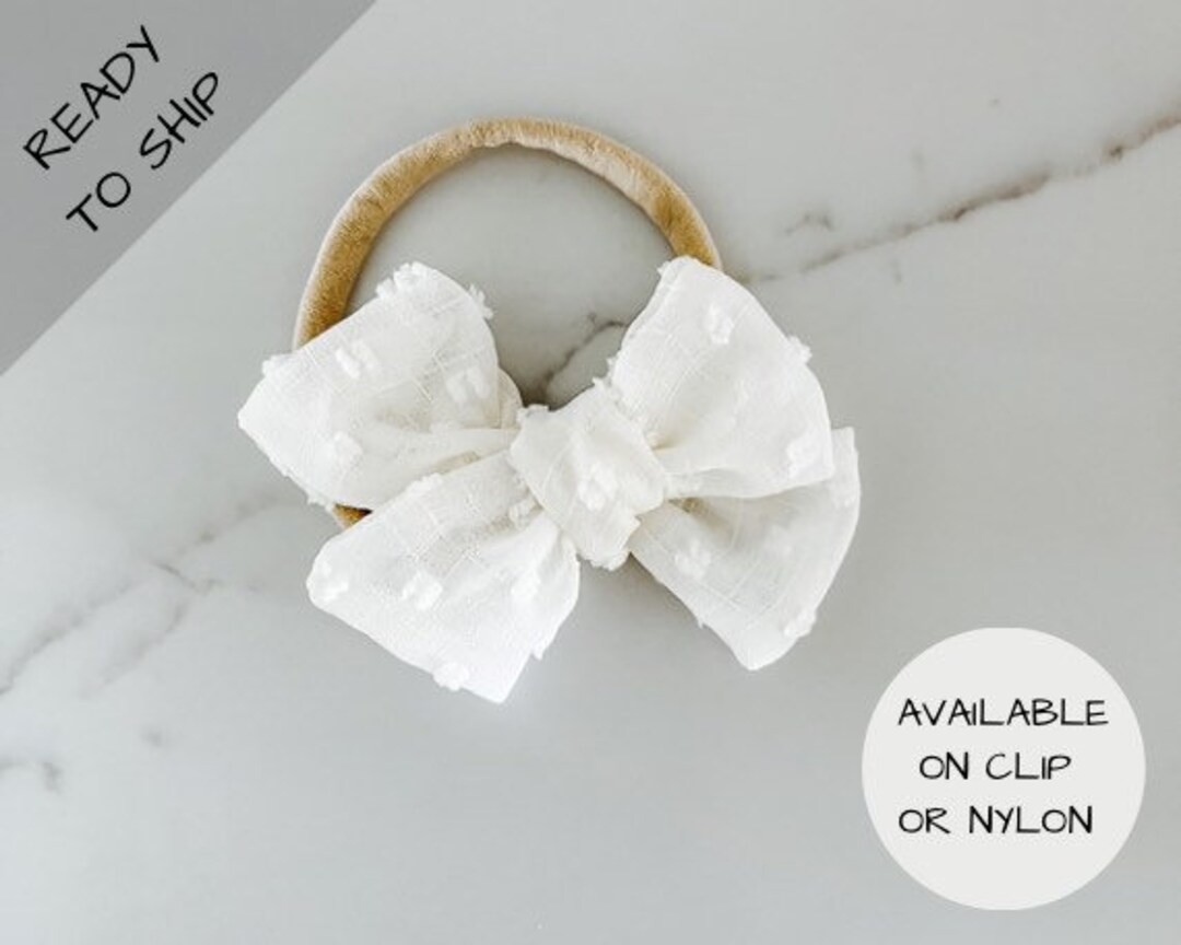 Baptism Bow Baby Girl, Ivory Baby Bow, White Baby Headband, Swiss Dot