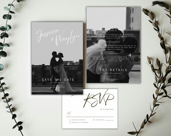 May include: A collection of wedding stationery, including a "Save the Date" card with a couple kissing, a details card, and an RSVP card. The cards have a minimalist design with elegant typography and a black and white photograph.
