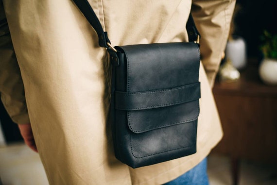 Shoulder black leather Bag for men Crossbody Small genuine | Etsy