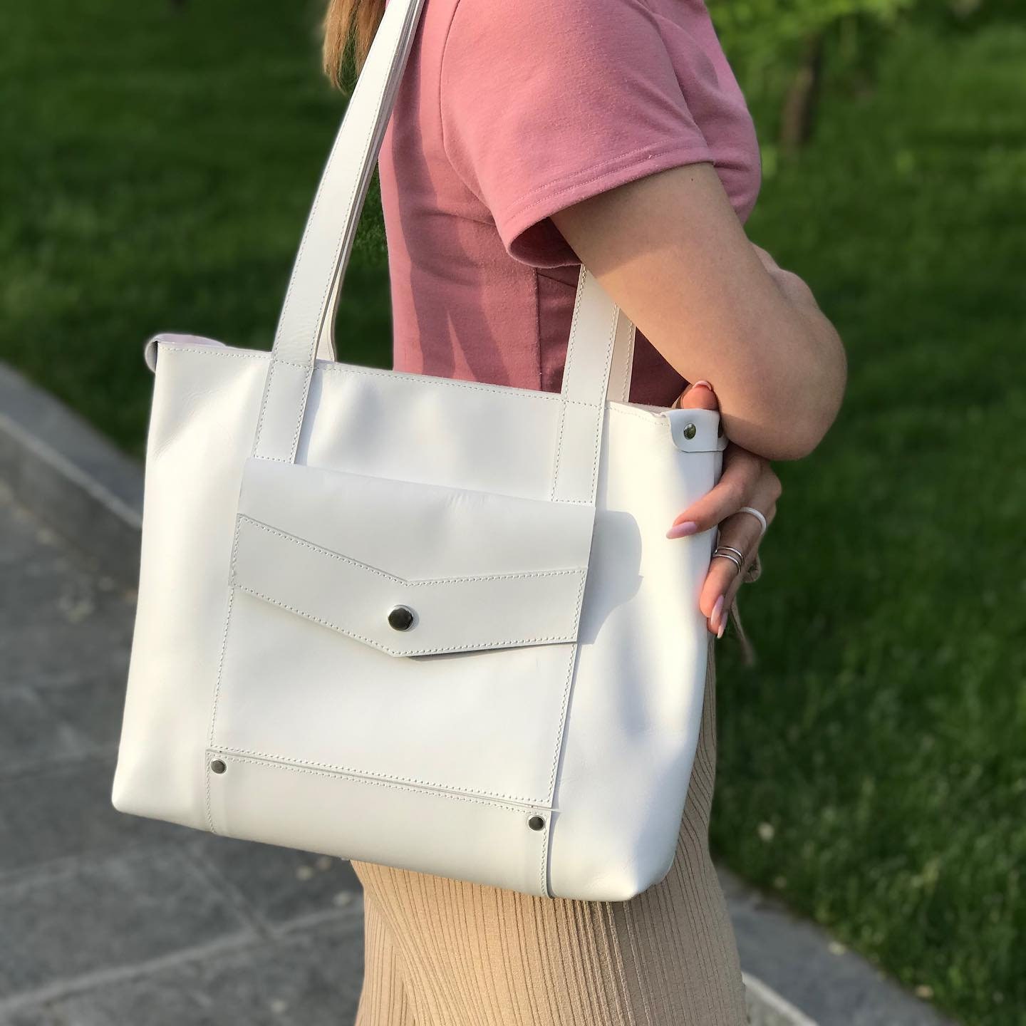 white leather beach bag