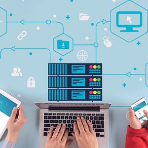 May include: A blue and white illustration of a server with three rows of data storage connected to a laptop, tablet, and smartphone. The devices are being used by three people. The illustration is on a light blue background with various icons.