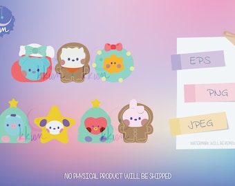 May include: Set of eight digital illustrations featuring cute cartoon animals dressed in Christmas-themed outfits. The animals include a bear, a penguin, a rabbit, and a fox. The outfits include a stocking, a gingerbread man, a wreath, a Christmas tree, and a star.