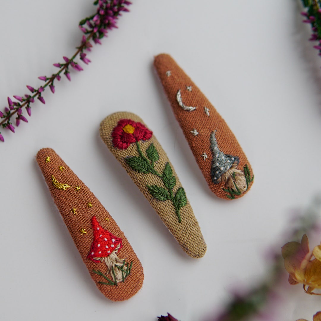 Hair Clips, Embroidered Hair Clips, Handmade Hair Clips, Linen Hair Pin