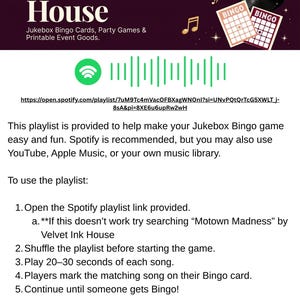 May include: A promotional image for Velvet Ink House, featuring a Spotify playlist link for a Jukebox Bingo game. The image includes Bingo cards, musical notes, and a vinyl record. Instructions on how to play are also provided.