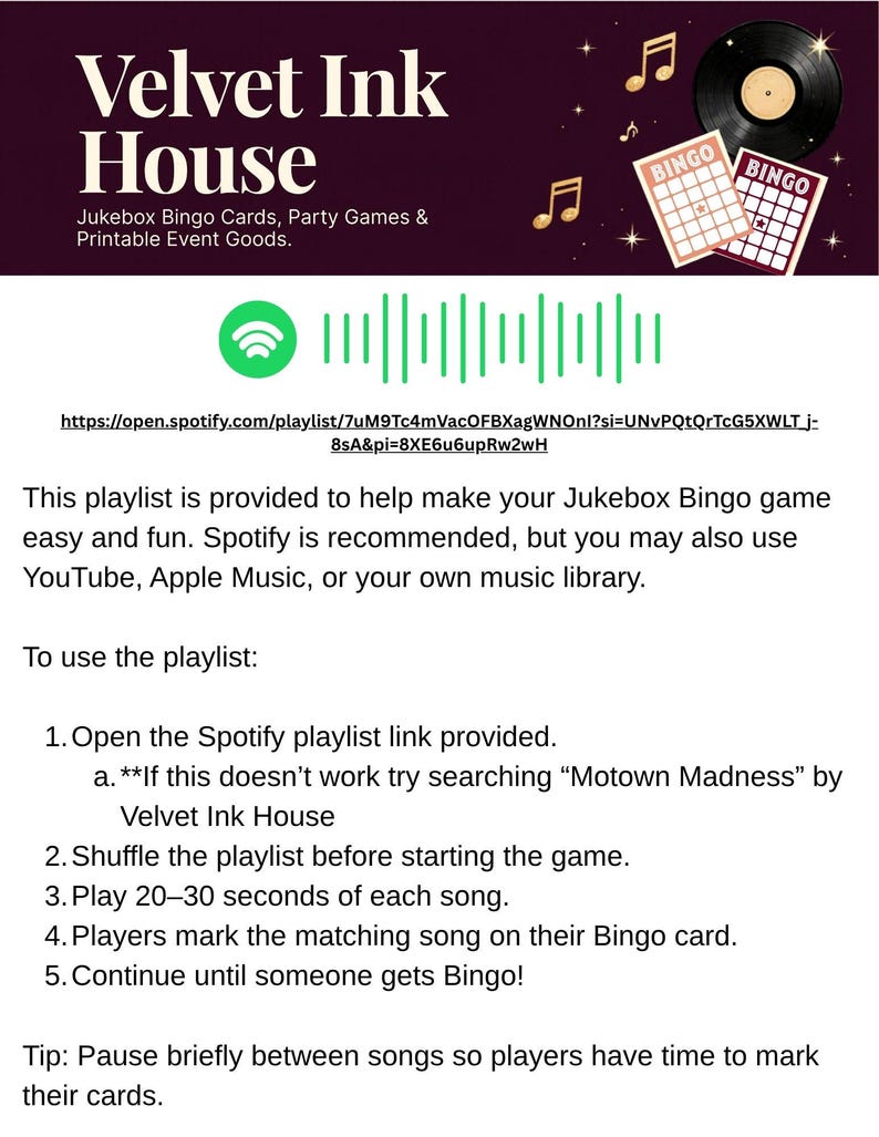May include: A promotional image for Velvet Ink House, featuring a Spotify playlist link for a Jukebox Bingo game. The image includes Bingo cards, musical notes, and a vinyl record. Instructions on how to play are also provided.