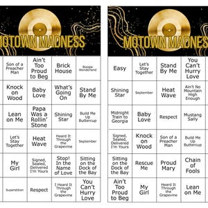 May include: Two Motown Madness bingo cards with gold record graphics. Each card features a grid of song titles, including "Proud Mary," "My Girl," and "Ain't No Mountain High Enough." The cards are set against a black background.