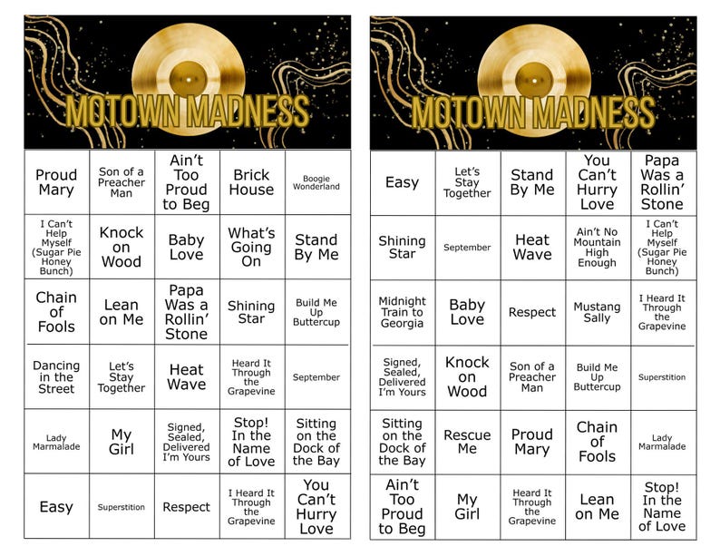 May include: Two Motown Madness bingo cards with gold record graphics. Each card features a grid of song titles, including "Proud Mary," "My Girl," and "Ain't No Mountain High Enough." The cards are set against a black background.