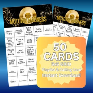 May include: Motown Madness bingo cards with a gold record design. The bingo cards have a 5x5 grid with song titles like "Proud Mary" and "My Girl." A separate card advertises 50 cards, a playlist, and instant download.