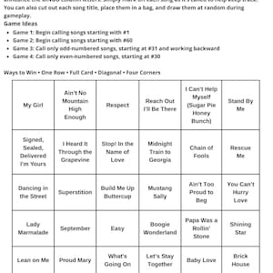 May include: A black and white Motown Madness Call List with instructions and game ideas. The bingo-style card features song titles like "My Girl," "Respect," and "Dancing in the Street."