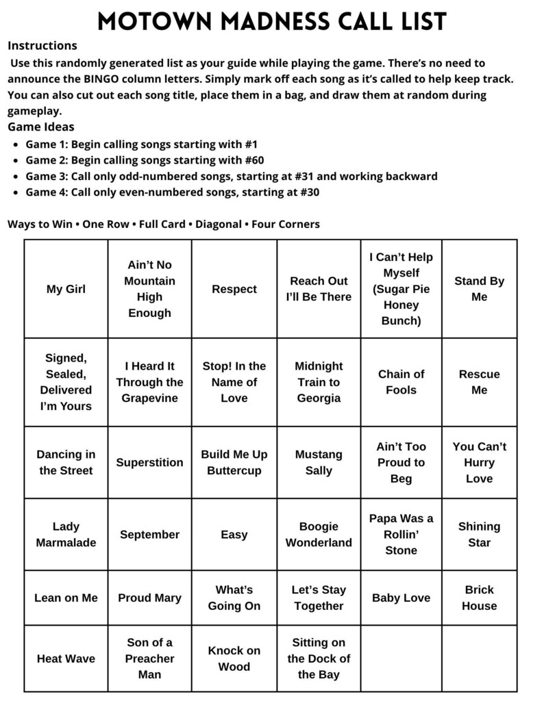 May include: A black and white Motown Madness Call List with instructions and game ideas. The bingo-style card features song titles like "My Girl," "Respect," and "Dancing in the Street."