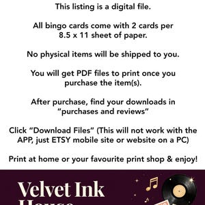 May include: A digital file listing with text that reads "Thank you!" and details about bingo cards. The listing includes information about PDF files, downloads, and printing instructions. The Velvet Ink House logo is at the bottom.