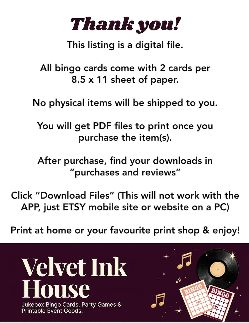 May include: A digital file listing with text that reads "Thank you!" and details about bingo cards. The listing includes information about PDF files, downloads, and printing instructions. The Velvet Ink House logo is at the bottom.
